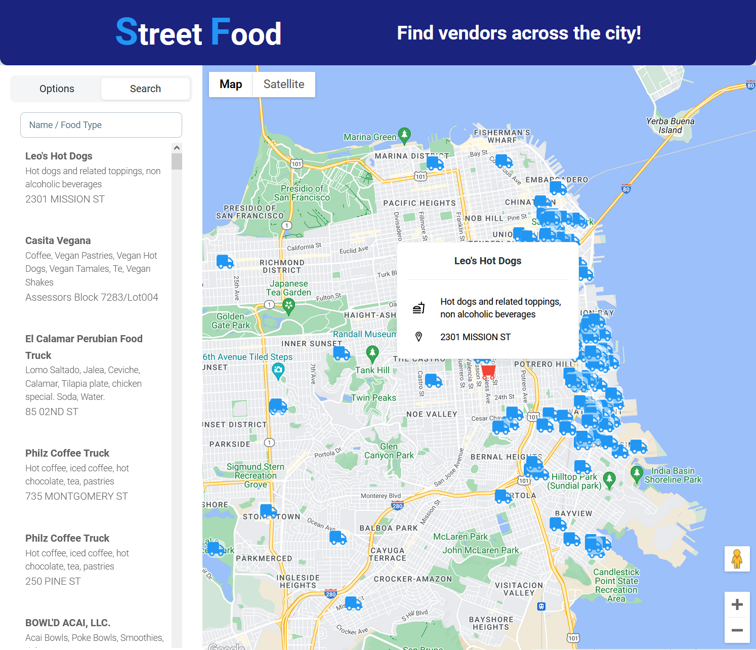 Screen capture of sf food finder app